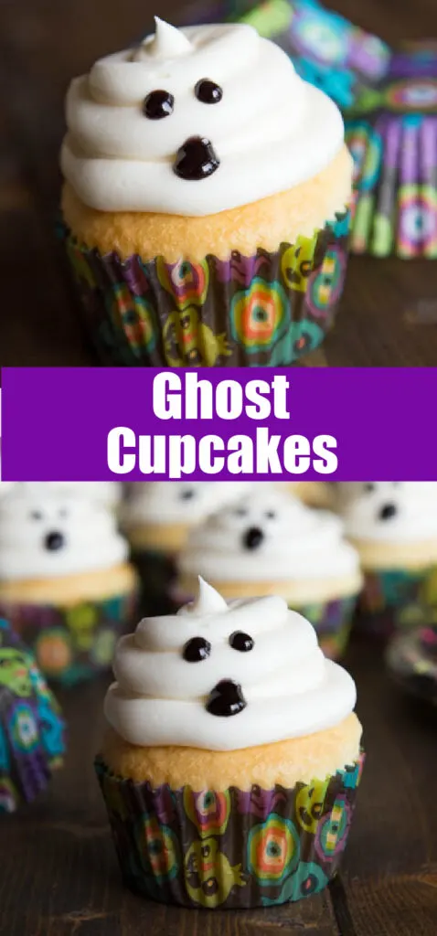 cupcakes with ghost frosting on a table
