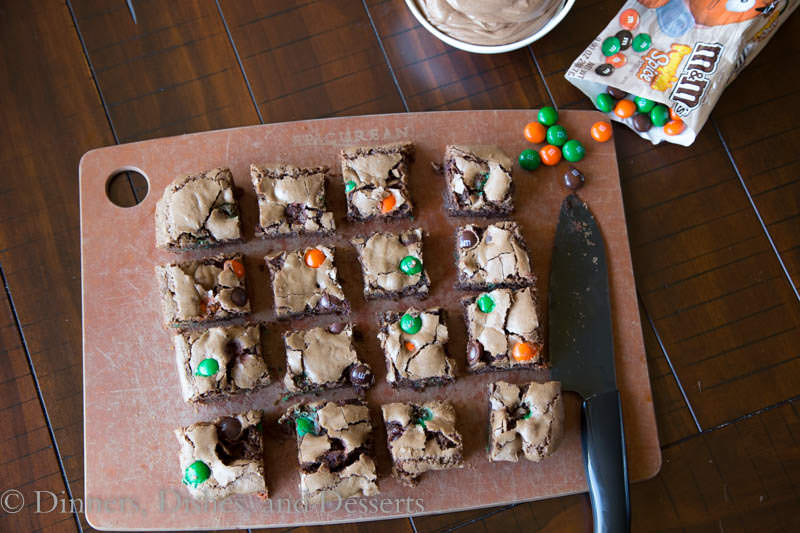 pumpkin spiced m&m brownies on a plate