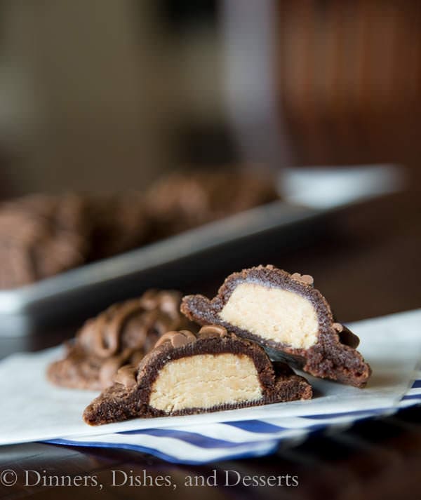 chocolate peanut butter truffle cookies on a napkin