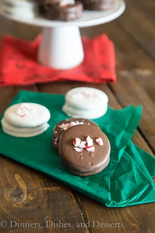 chcolate peppermint dipped oreos on a napkin