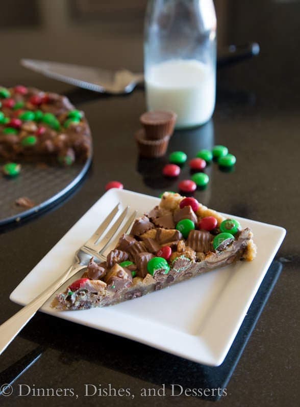 gluten free peanut butter cup cookie pizza on a plate