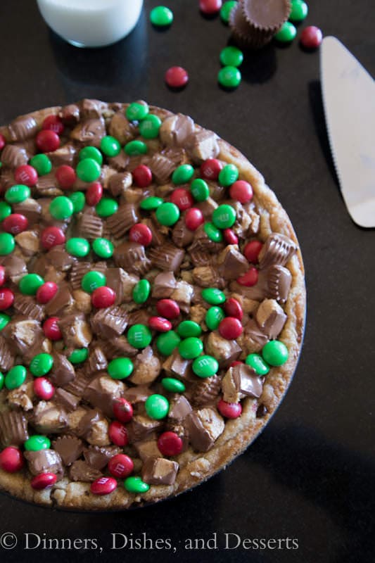gluten free peanut butter cup cookie pizza on a plate