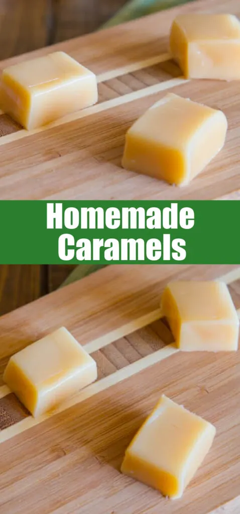 homemade caramels cut into squares on a cutting board