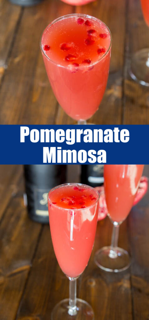 close up pmimosa with pomegranate juice in champagne flutes