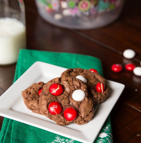 chocoalte cookies with peppermint M&Ms on top