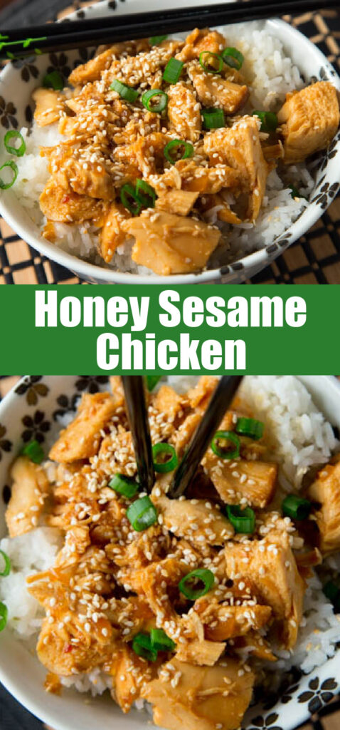 close up honey sesame chicken in a bowl over white rice