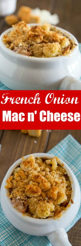 French Onion Macaroni and Cheese - Creamy homemade mac and cheese with caramelized onion, bacon, and topped with croutons.