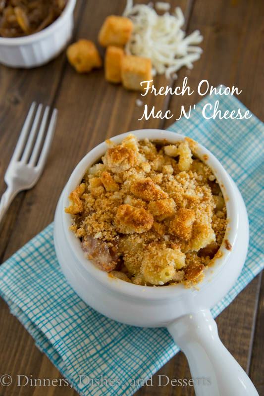 french onion mac n cheese in a bowl