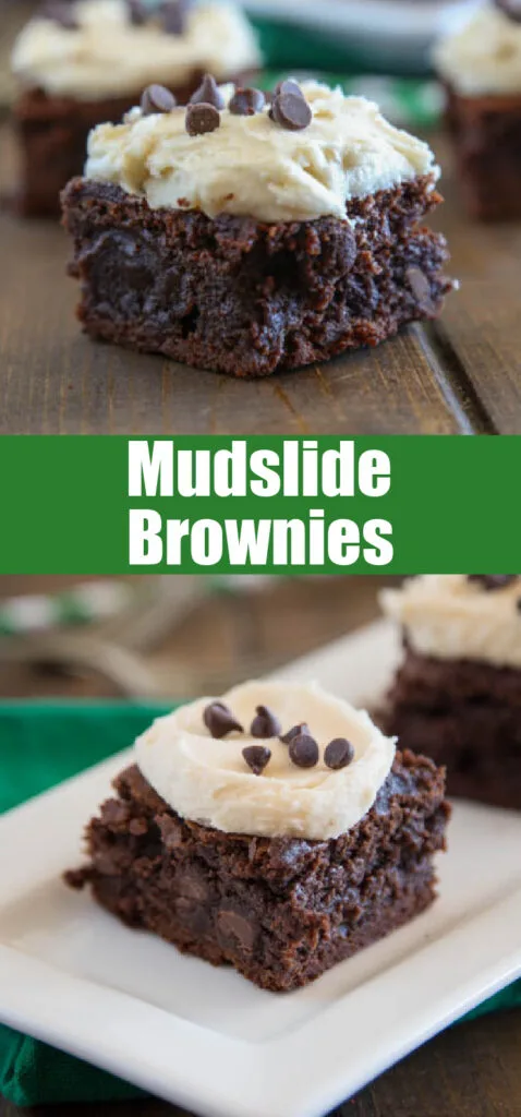 close up mudslide brownies on a white tray