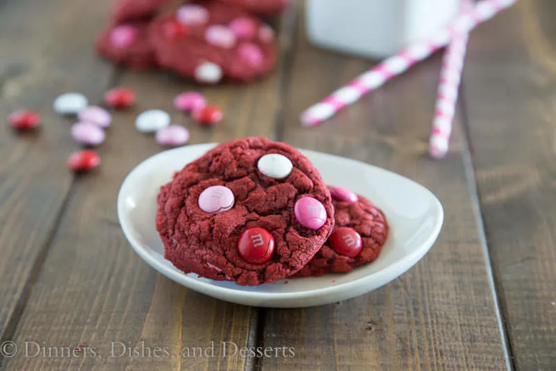 red velvet m&m cookies on a plate
