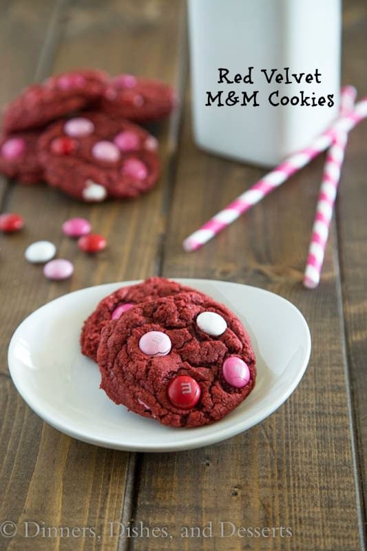 Red Velvet M&M Cookies on a plate