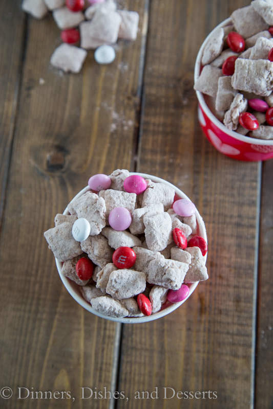 red velvet puppy chow in a cup