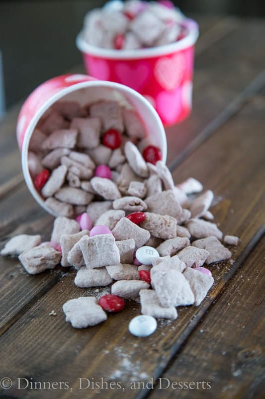 red velvet puppy chow in a cup