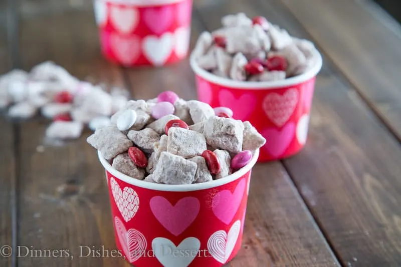 red velvet puppy chow in a cup