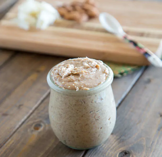 white chocolate almond butter in a jar