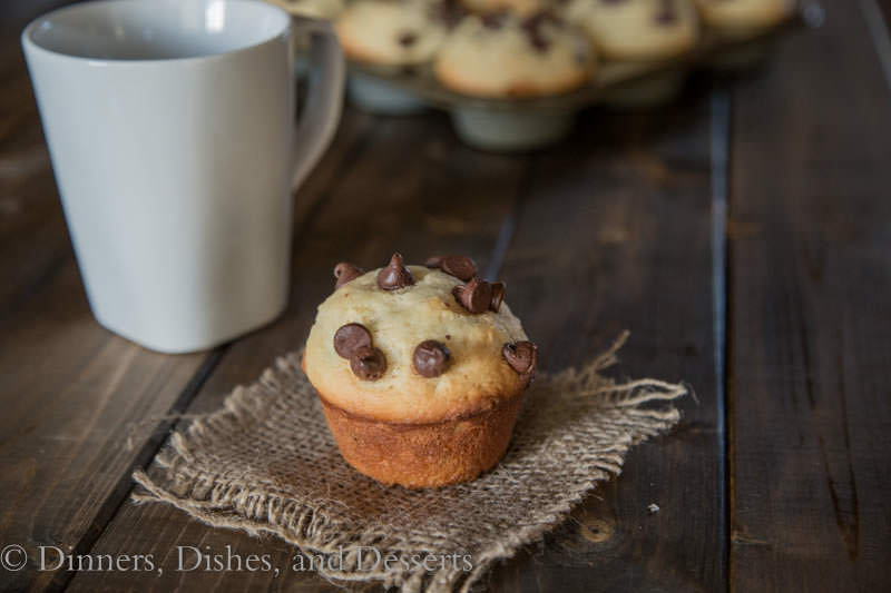 bakery style chocolate chip muffins on a napkin