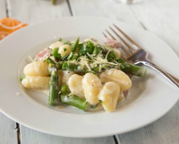 Creamy Spring Gnocchi - great use for leftover ham and spring veggies!