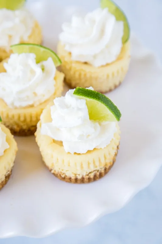Key Lime cheesecakes topped with whipped cream and lime slices