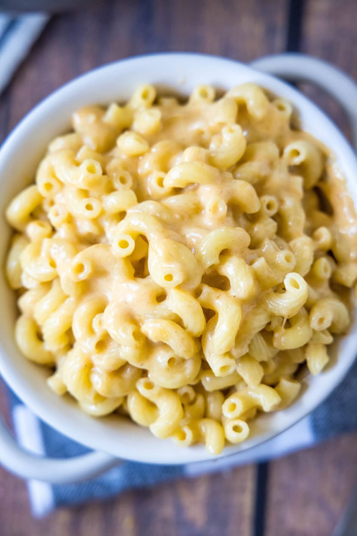 Overhead view of a bowl of mac and cheese