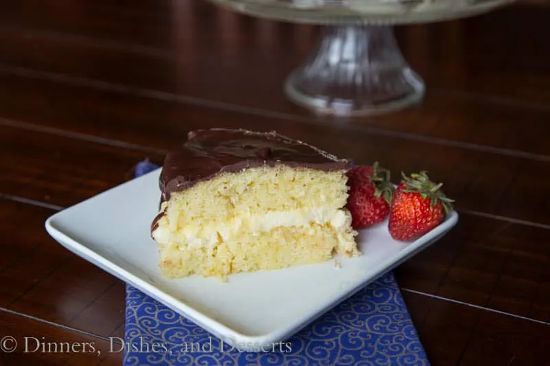 Boston Cream Pie - sponge cake with vanilla pastry cream and chocolate ganache {Dinners, Dishes, and Desserts}