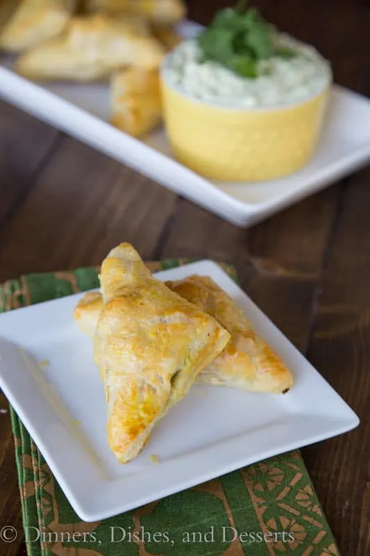 Brazilian Chicken Turnovers with an Avocado Yogurt Dipping Sauce - uses puff pastry to make them super quick and flaky!