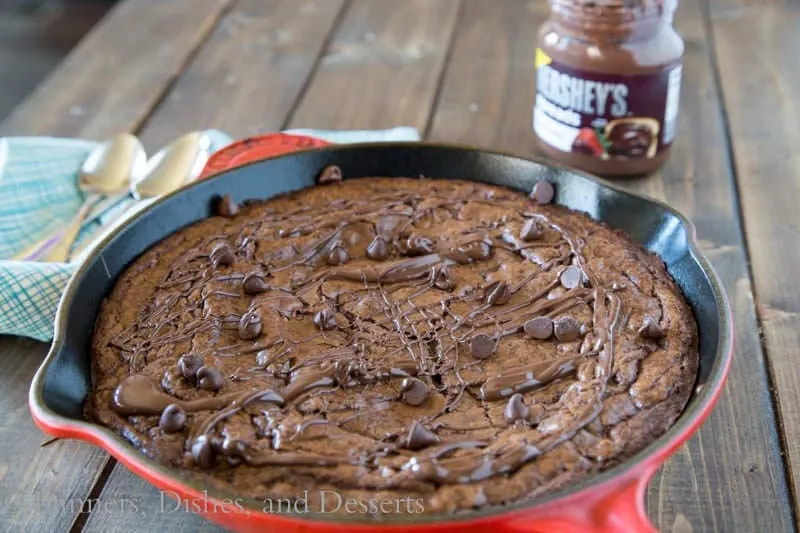 Triple Chocolate Skillet Brownie- rich, chocolatey brownies baked in a cast iron skillet. 3 types of chocolate for extra deliciousness!