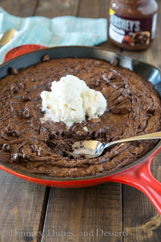 Triple Chocolate Brownie Skillet - rich, chocolatey brownies baked in a cast iron skillet. 3 types of chocolate for extra deliciousness!