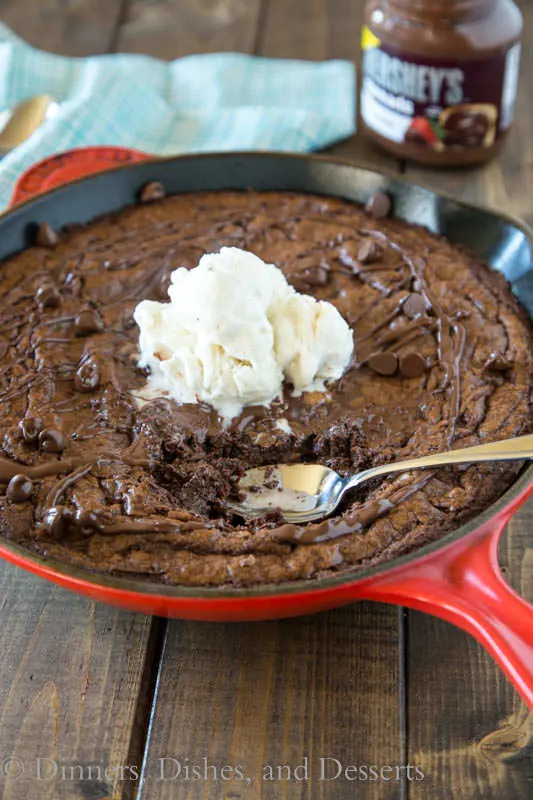 Triple Chocolate Brownie Skillet - rich, chocolatey brownies baked in a cast iron skillet. 3 types of chocolate for extra deliciousness!