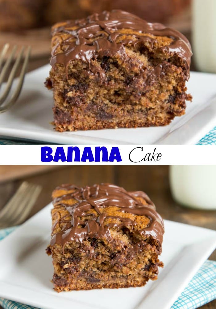 Peanut Butter Banana Snack Cake - This banana cake recipe is so tender and delicious with the peanut butter, chocolate chips, and topped with Nutella!