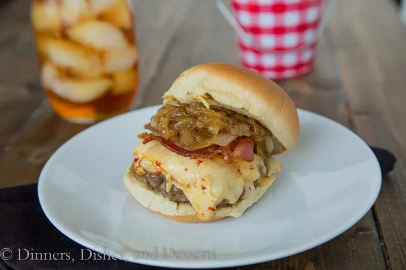 Brown Sugar Caramelized Onion Bacon Cheeseburgers {Dinners, Dishes, and Desserts}