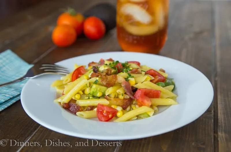 Bacon, Corn & Avocado Pasta {Dinners, Dishes, and Desserts}