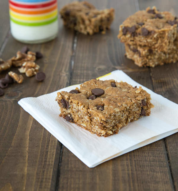 Walnut Chocolate Chip Protein Bars; great for snacks, breakfast, or even lunch box treats!