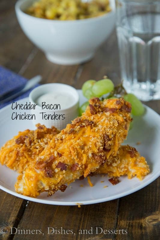 Cheddar Bacon Chicken Tenders - homemade chicken tenders coasted in a cheddar and bacon breadcrumb mixture. Sure to please the entire family!