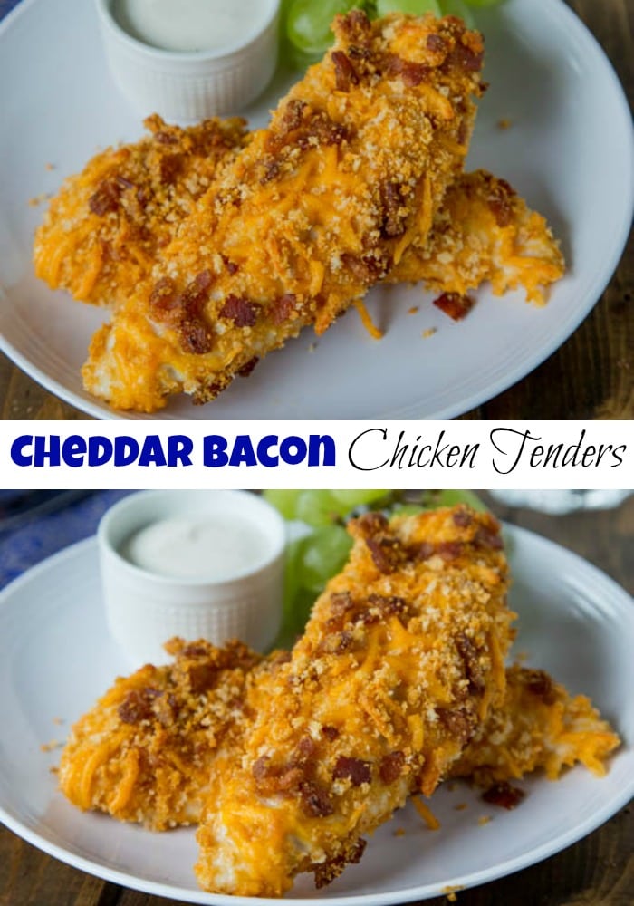 Cheddar Bacon Chicken Tenders are perfect for a quick weeknight meal.  Baked chicken tenders coasted in a cheddar and bacon breadcrumb mixture.  Sure to please the entire family!