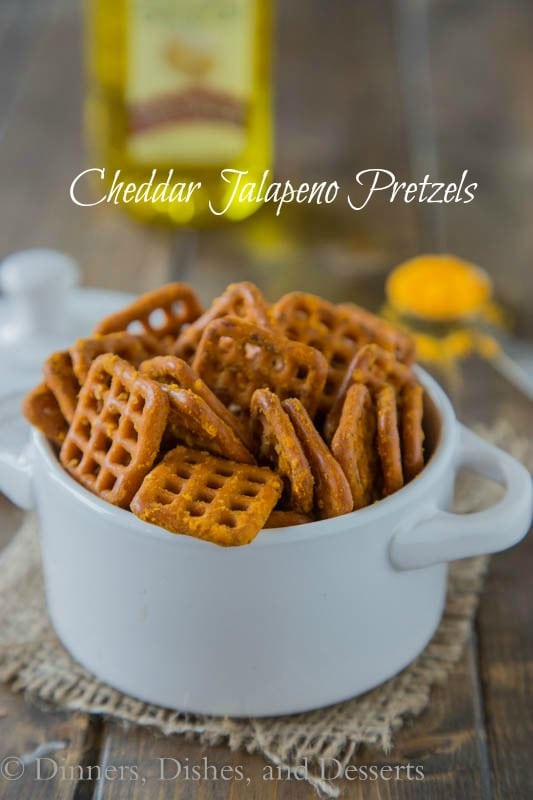 Cheddar Jalapeno Pretzels - cheddar flavored pretzels with a little kick