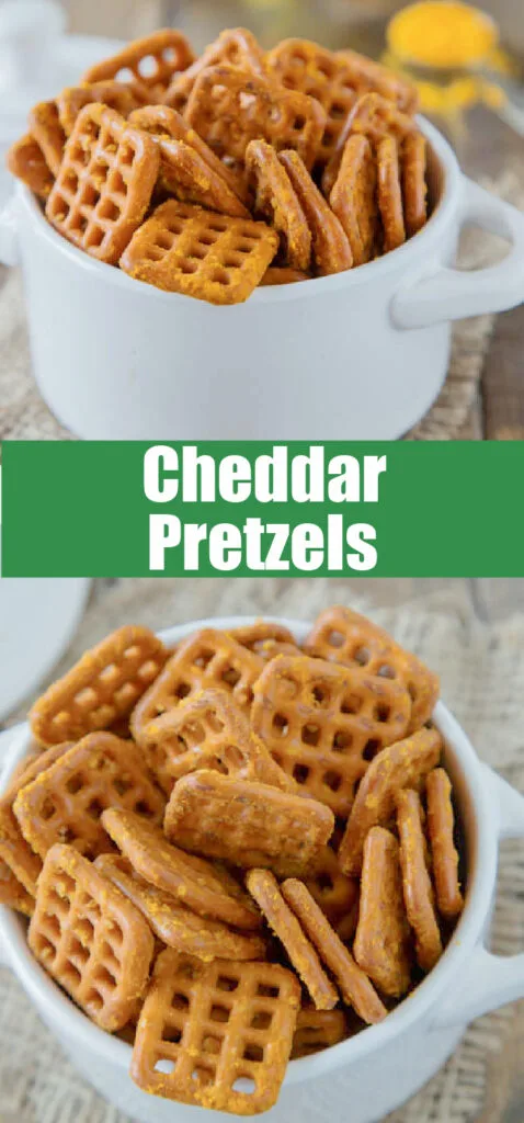 cheddar flavored pretzels in a bowl