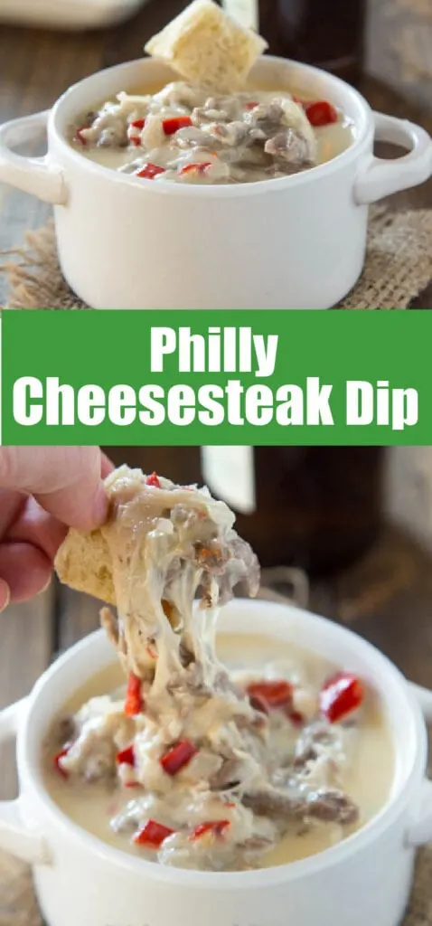 philly cheesesteak dip in a white bowl with bread cubes