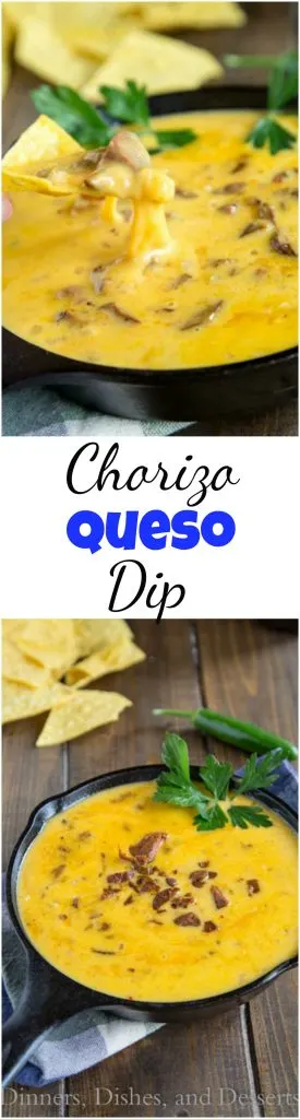 Chorizo Queso Dip -Lots of gooey, melty cheese with spicy chorizo mixed in is sure to make game time even better! #cheese #cheesedip #queso #recipe #food #gameday #footballfood