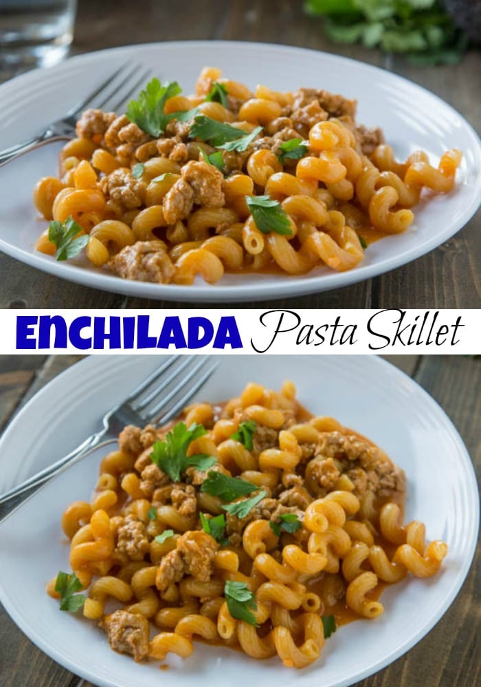 Enchilada Pasta Skillet is a homemade version of Hamburger Helper with a Mexican twist!  Dinner is ready in 20 minutes, so it is perfect for any night of the week.