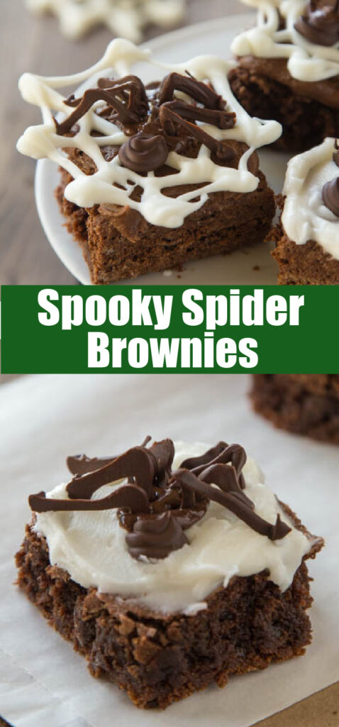 close up brownies with chocolate spiders on them