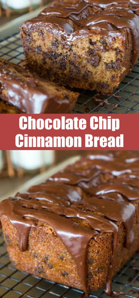 chocolate chip cinnamon quick bread loaf with chocolate glaze