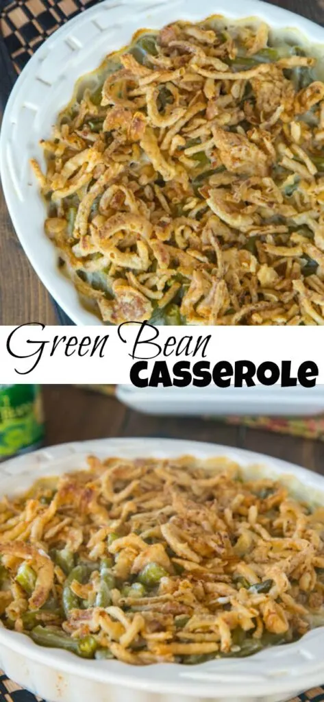 close up of green bean casserole in a casserole dish