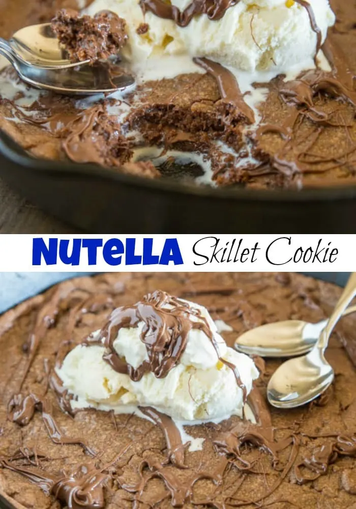 Nutella Skillet Cookie - a nutella based chocolate chip cookie baked into a cast iron skillet, with a layer of nutella in the middle!
