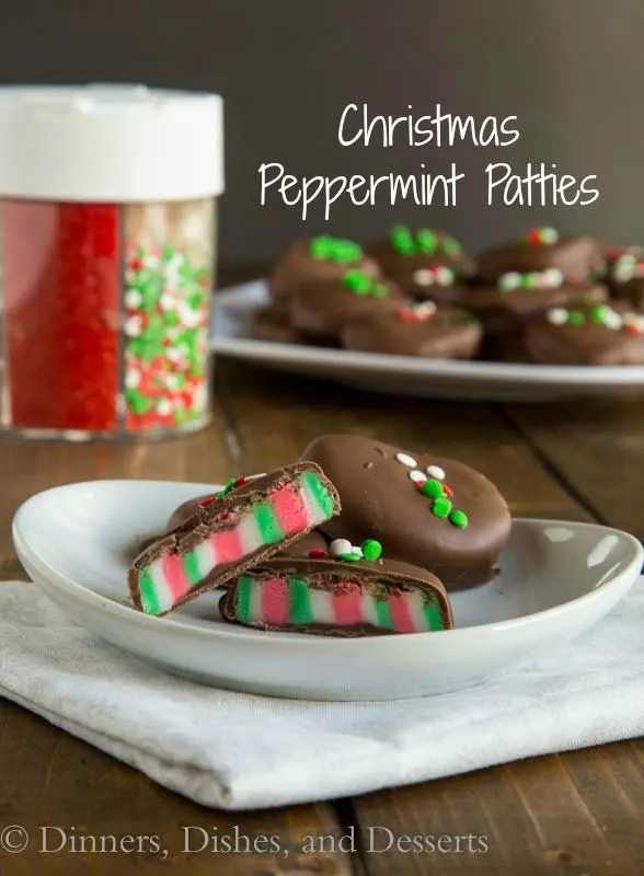 Christmas Peppermint Patties - Red, white and green striped cool mint patties dipped in dark chocolate. An easy homemade candy for the holidays.