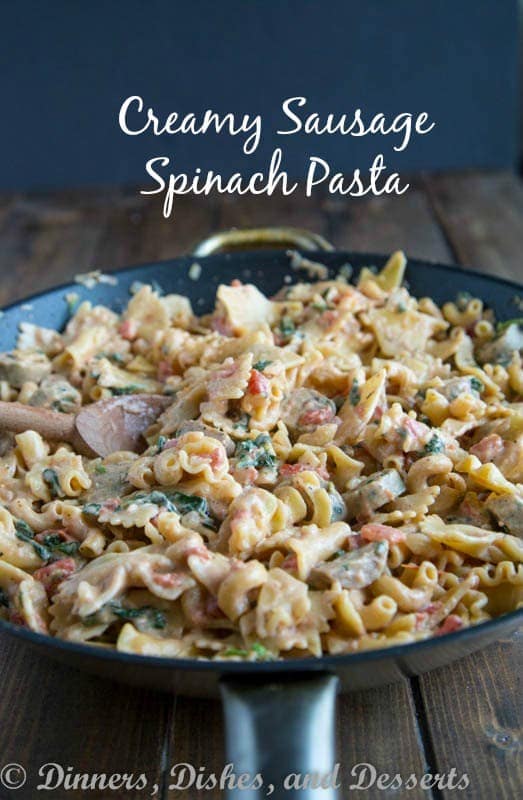 Sausage spinach pasta is quick, easy, and sure to please the entire family. A creamy tomato sauce gives it tons of flavor!