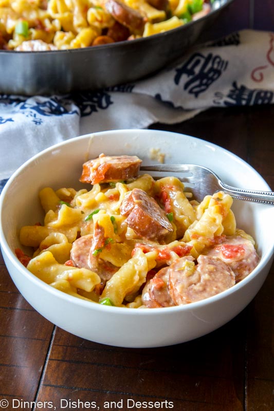 sausage pasta skillet in a bowl