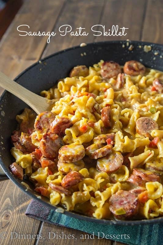 Sausage Pasta Skillet is a quick and easy one pot meal the whole family will love. Creamy, cheesy, sausage pasta dinner.