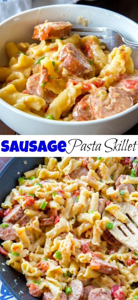 Sausage Pasta Skillet is a quick and easy one pot meal the whole family will love.  Creamy, cheesy, sausage pasta dinner.