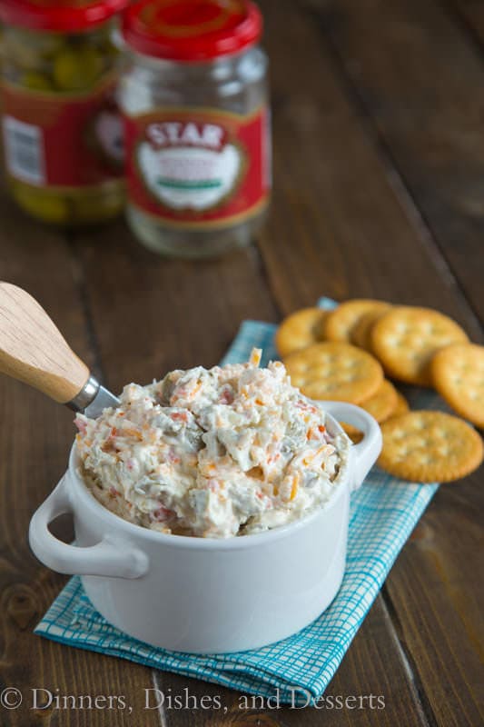 Cheddar Green Olive Dip - A creamy, cheesy, salty green olive, dip that is great warm or cold. 