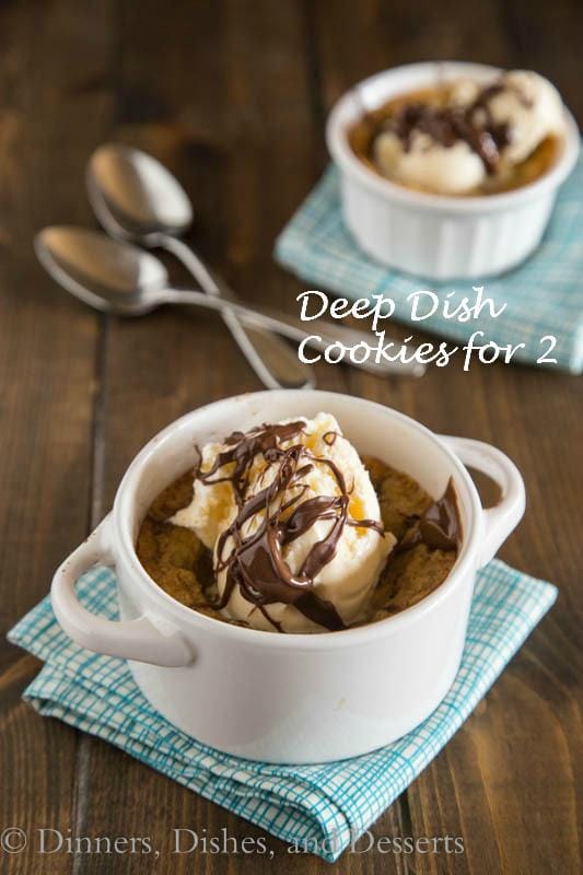 Deep Dish Chocolate Chip Cookies for Two -An ooey, gooey, chocolate-y deep dish cookie that makes just enough for two people. A homemade version of the famous Pizookie.